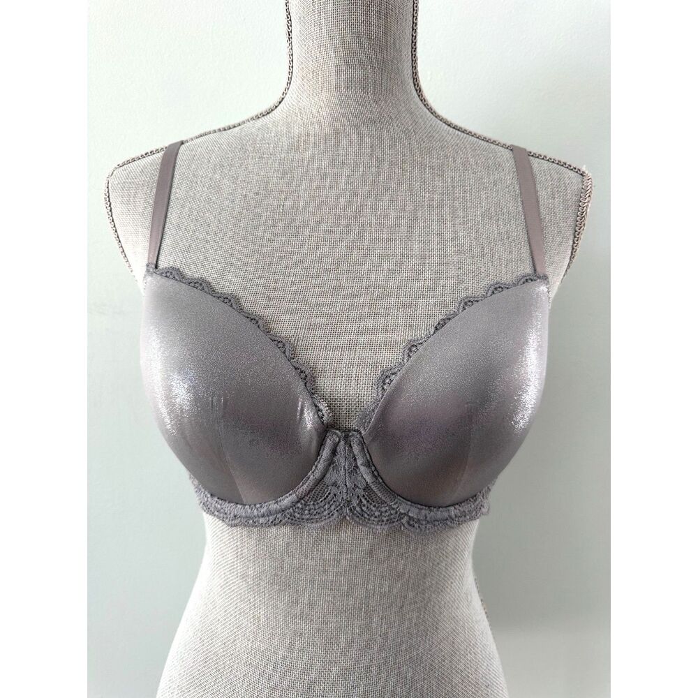 Victoria's Secret Shimmer Metallic Lace Trim Lined Demi Bra Grey Silver 32DD